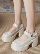 White Buckle Decor Platform Chunky Heel Wave Mary Janes Shoes