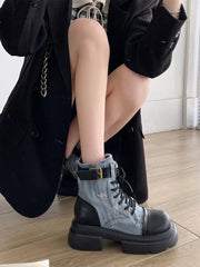 Botines de tacón grueso con suela antideslizante de mezclilla estilo calcetín con retazos acanalados estilo western vintage