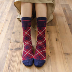 Dunkelrote Retro-Baumwollstrümpfe mit Gittermuster, wadenlang, Weihnachtsgeschenke-Serie, 4 Paar