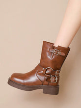 Western Buckle Straps Chunky Heeled Side Zip Boots