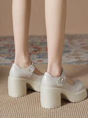 White Buckle Decor Platform Chunky Heel Wave Mary Janes Shoes