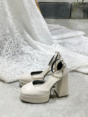 Solid Color Platform Block High Heels Ankle Strap Slingback Pumps