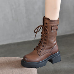 Ritterstiefel aus Leder im britischen Stil mit Schnürung und hohem Absatz