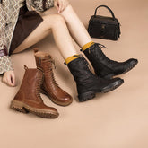 Vollnarbige Kampfstiefel Designer Retro klobige Schnalle Stiefel seitlicher Reißverschluss braun/schwarz