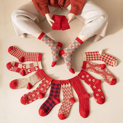 Rote Retro-Baumwollstrümpfe, wadenlang, Weihnachtsgeschenke-Serie, 3 Paar