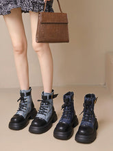 Western Vintage Ribbed Patchwork Sock Style Denim Slip Resistant Sole Chunky Heel Ankle Boots