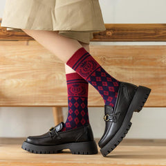 Dunkelrote Retro-Baumwollstrümpfe mit Gittermuster, wadenlang, Weihnachtsgeschenke-Serie, 4 Paar