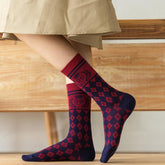 Dunkelrote Retro-Baumwollstrümpfe mit Gittermuster, wadenlang, Weihnachtsgeschenke-Serie, 4 Paar