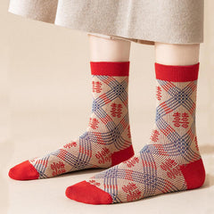 Rote Retro-Baumwollstrümpfe, wadenlang, Weihnachtsgeschenke-Serie, 3 Paar