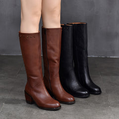 Retro Leather Zipper High Heel Long Boots