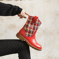 Gewebte Stiefel, wadenlang, Colorblocking-Design, Cowgirlstiefel