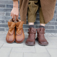 Retro Echte Weiche Flache Stiefel Runde Zehe Mori Girl Stil Braun/Kaffee