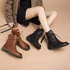 Full Grain Combat Boots Designer Retro Chunky Riding Boots Back Zip Brown/Black