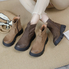 Retro-Rindsleder-Martin-Stiefel mit dicker Sohle und bequemem Reißverschluss, Grau/Apricot