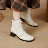 Block Heel Boots Back Zip Cowhide Ankle Boots Soft Walking Short Boots White/Black