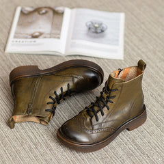 Chunky Wingtip Shoes Carving Brogue Ankle Boot Coffee/Brown/Green