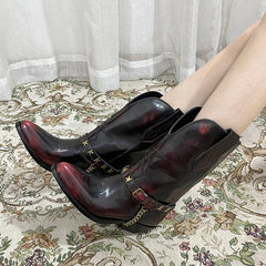 Bestickte Westernstiefel aus Wildleder, wadenlange Stiefel mit Blockabsatz – grau/rote Cowgirlstiefel, komplett aus echtem Leder