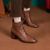 High Heel Boots Side Zip Cowhide Ankle Boots Soft Walking Short Boots Brown/Black