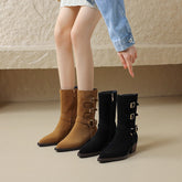 Womens Suede Mid Calf Boots 45mm Block Heel with Buckle Details