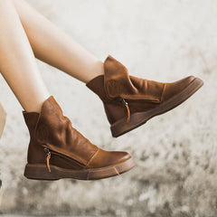 Weiche Retro-Stiefeletten aus Rindsleder mit dicker Sohle Schwarz/Kaffee