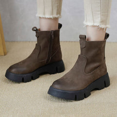 Retro-Rindsleder-Martin-Stiefel mit dicker Sohle und bequemem Reißverschluss, Grau/Apricot