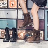 Womens Retro Nubuck Short Boots for Winter Side Zipper Buckles Fur Boots Black/Coffee