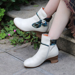 Handgemachte weiche Stiefeletten Retro Runde Spitze Schwarz/Weiß