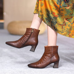 Botines de tacón de gatito suaves y arrugados hechos a mano con cremallera lateral