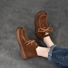 Botines planos con cordones y punta redonda para mujer, hechos a mano
