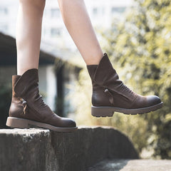 Retro Reitstiefeletten Chunky Wrinkled Ankle Boots Schwarz/Kaffee