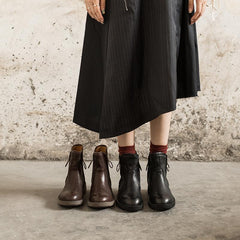 Gewachste Schaffell Kurze Stiefel Designer Retro Chunky Ankle Boots Dunkelkaffee/Schwarz