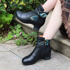 Handgemachte weiche Stiefeletten Retro Runde Spitze Schwarz/Weiß