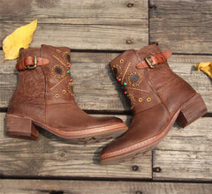 Botines retro con remaches, cómodos para caminar, punta redonda, color café