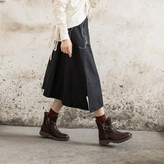 Gewachste Schaffell Kurze Stiefel Designer Retro Chunky Ankle Boots Dunkelkaffee/Schwarz