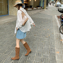 Botas altas hasta la rodilla de ante con bordado occidental para mujer, tacón de bloque, negro/marrón