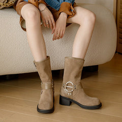 Botas cortas de gamuza, botas con hebilla y punta redonda grande