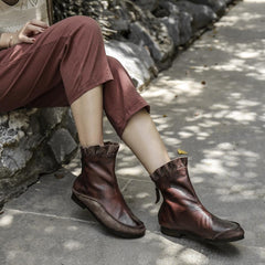 Handgemachte weiche kurze Stiefel Retro runde Spitze für Herbst und Winter Kaffee/Schwarz