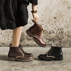 Handgemachte Schaffell Kampfstiefel Designer Retro Chunky Stiefeletten Kaffee/Dunkelkaffee/Schwarz