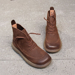 Round Toe Martin Boots Lace-Up Combat Boots Soft Ankle Boots