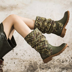 Gewebte Stiefel, wadenlang, Reitstiefel mit Farbblockdesign