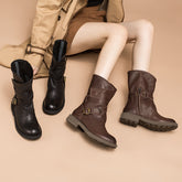 Womens Retro Mid Calf Boots for Winter Buckles Boots Coffee/Brown/Black