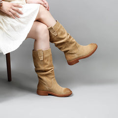 Designer Suede Knee High Boots Fold Design Riding Boots