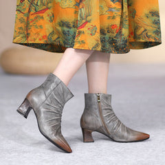 Botines de tacón de gatito suaves y arrugados hechos a mano con cremallera lateral