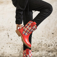 Gewebte Stiefel, wadenlang, Colorblocking-Design, Cowgirlstiefel