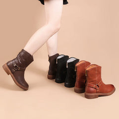 Westernstiefel mit Gürtel, Blockabsatz, kurze Stiefel, Reißverschluss hinten, Schwarz/Kaffee/Braun