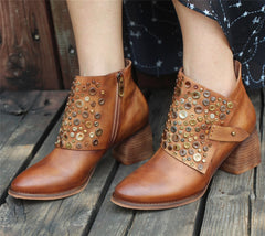 Stiefeletten mit Absatz Retro Nieten Bequemes Gehen Spitzschuh Kamel