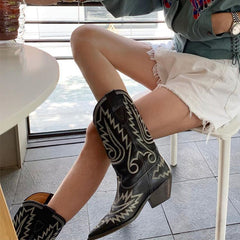 Damen Westernstiefel Halbhohe Cowboystiefel mit Kontrastnähten - Schwarz/Weiß Cowgirlstiefel Schaffellfutter