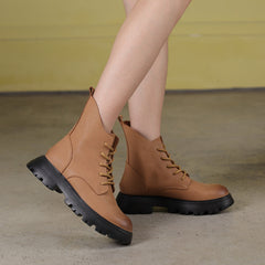 Handmade Genuine Biker Boots Lace-Up Combat Boots Retro Chunky Ankle Boots Coffee/Khaki