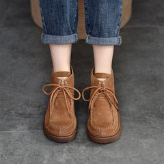 Botines planos con cordones y punta redonda para mujer, hechos a mano