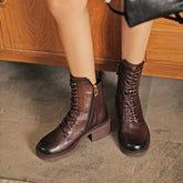Biker Boots Lace-Up Combat Boots Retro Short Boots 60mm Block Heel